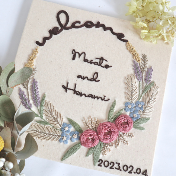 手刺繍ウェルカムボード リースブーケ【受注生産／セミオーダー  
