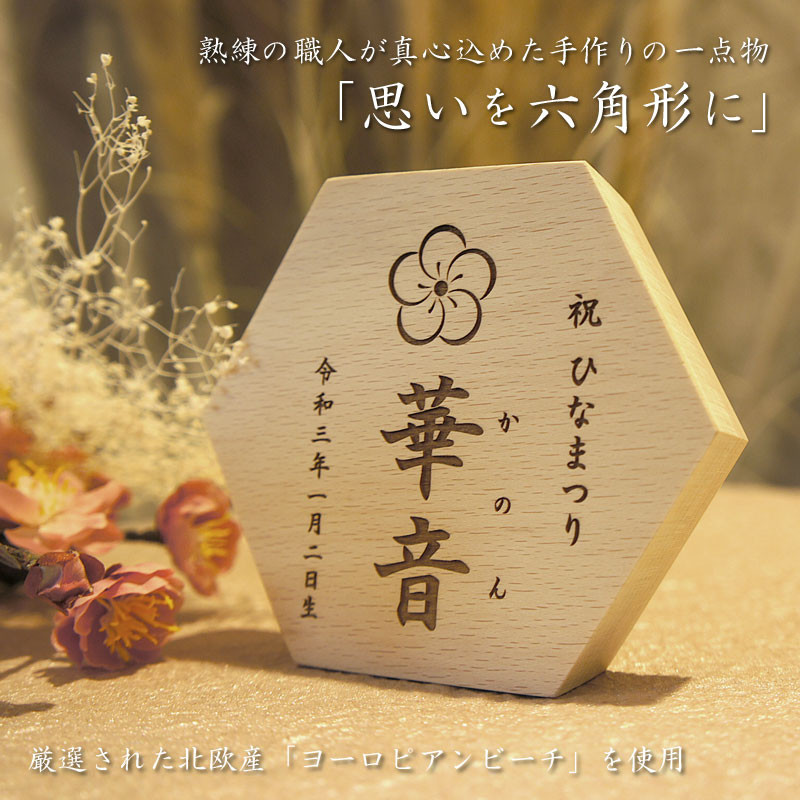 《思いを六角形に》ひなまつり 桃の節句 雛人形 名前札 木製 木札 名入れ 初節句 女の子 雛飾り