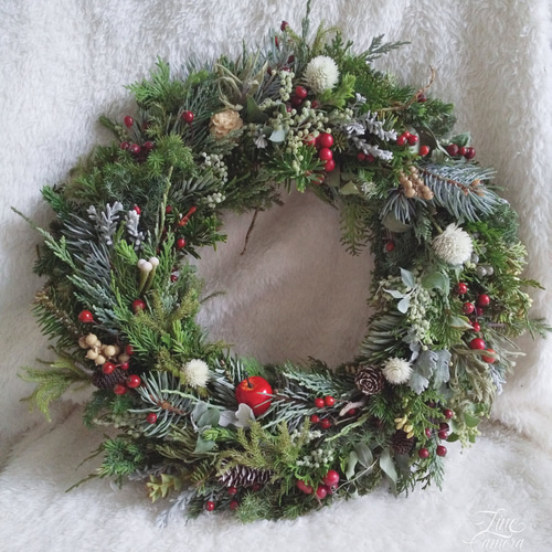 電飾リース/グリーンとブルーの電飾Xmasリース/プンゲンス/ヒムロ杉 綺麗な