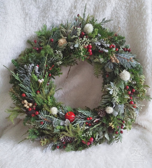 針葉樹とミモザの蕾のリース フレッシュ クリスマスリース