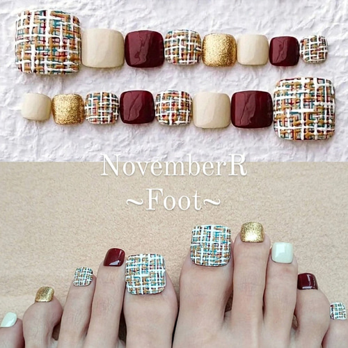 FA146⭐マルチカラーツイードフットネイルチップ ネイルチップ（つけ爪