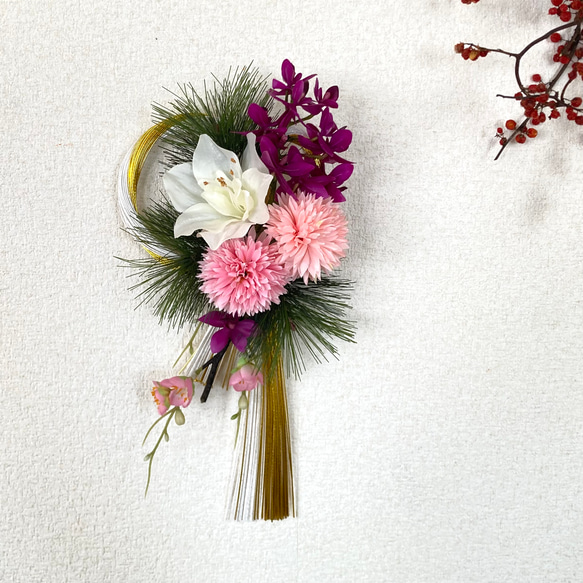 アマリリスと胡蝶蘭の水引しめ飾り　お正月ハンドメイド2024 2枚目の画像