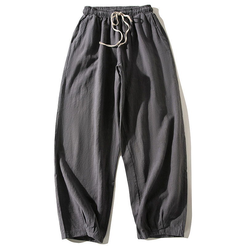綿麻パンツ　中厚綿麻パンツ　ゆとりパンツ　ゴムウエスト＋紐　グレー　L139GY