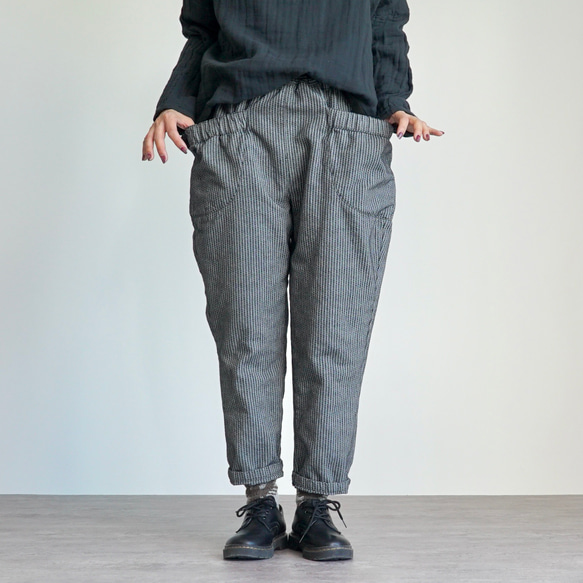 よろけ縞一本刺し子 キャンプワークパンツ/グレー/三河木綿