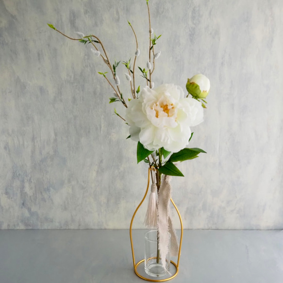 リニューアル✨【大輪ホワイト芍薬と猫柳】｜アーティフィシャルフラワー 花瓶アレンジ| 春｜ギフト・インテリア雑貨 9枚目の画像