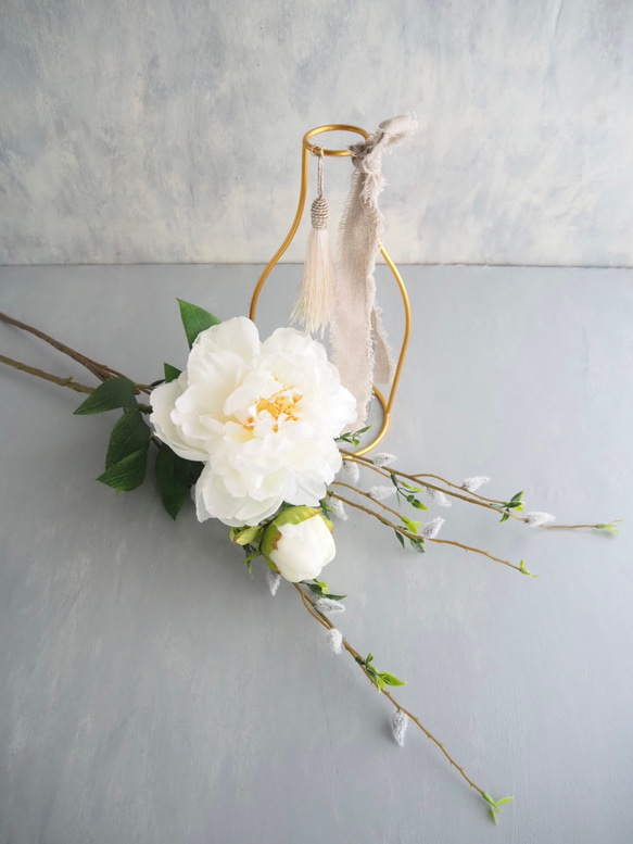 リニューアル✨【大輪ホワイト芍薬と猫柳】｜アーティフィシャルフラワー 花瓶アレンジ| 春｜ギフト・インテリア雑貨 5枚目の画像
