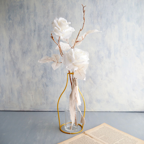 アンティークホワイトローズ造花】setゴールドフラワーベースアレンジ