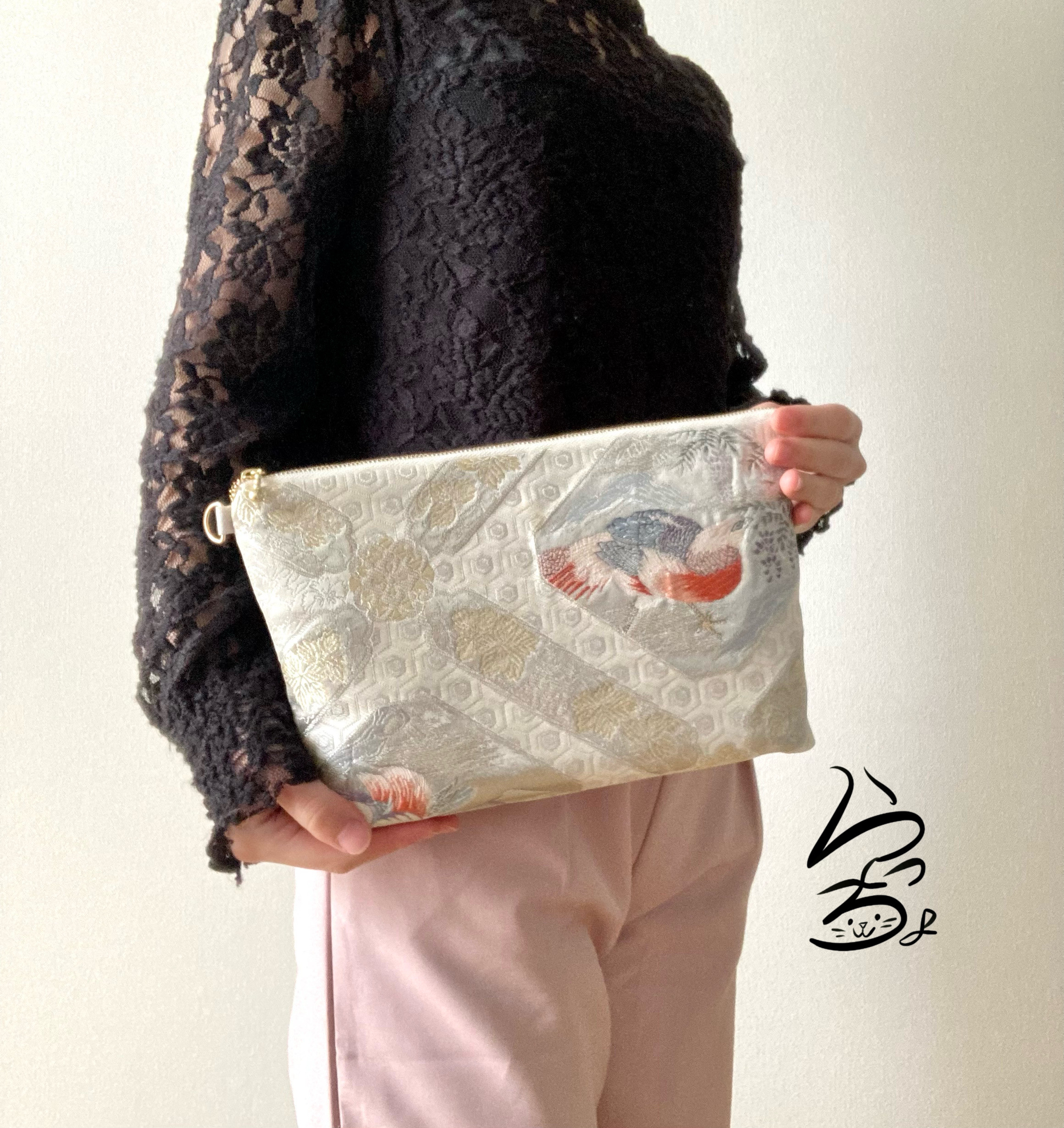 帯帯リメイク3wayバッグ　和装バッグ　シルバーと紫の蜀江文　チェーン付 帯帯リメイク3wayバッグ和装バッグシルバーと紫の蜀江文チェーン付