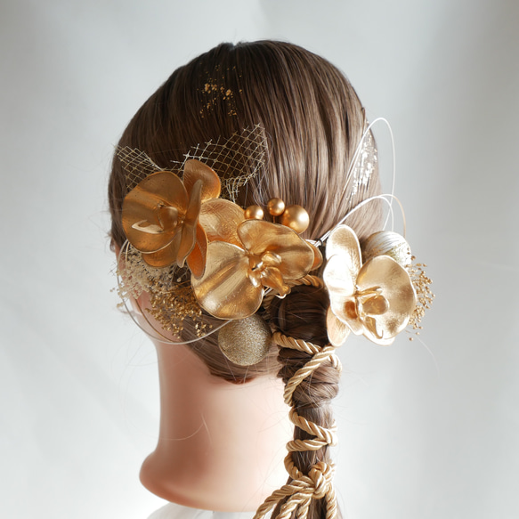 E1  ゴールド　胡蝶蘭　ドライフラワー　髪飾り 成人式　卒業式　振袖　結婚式　和装 3枚目の画像