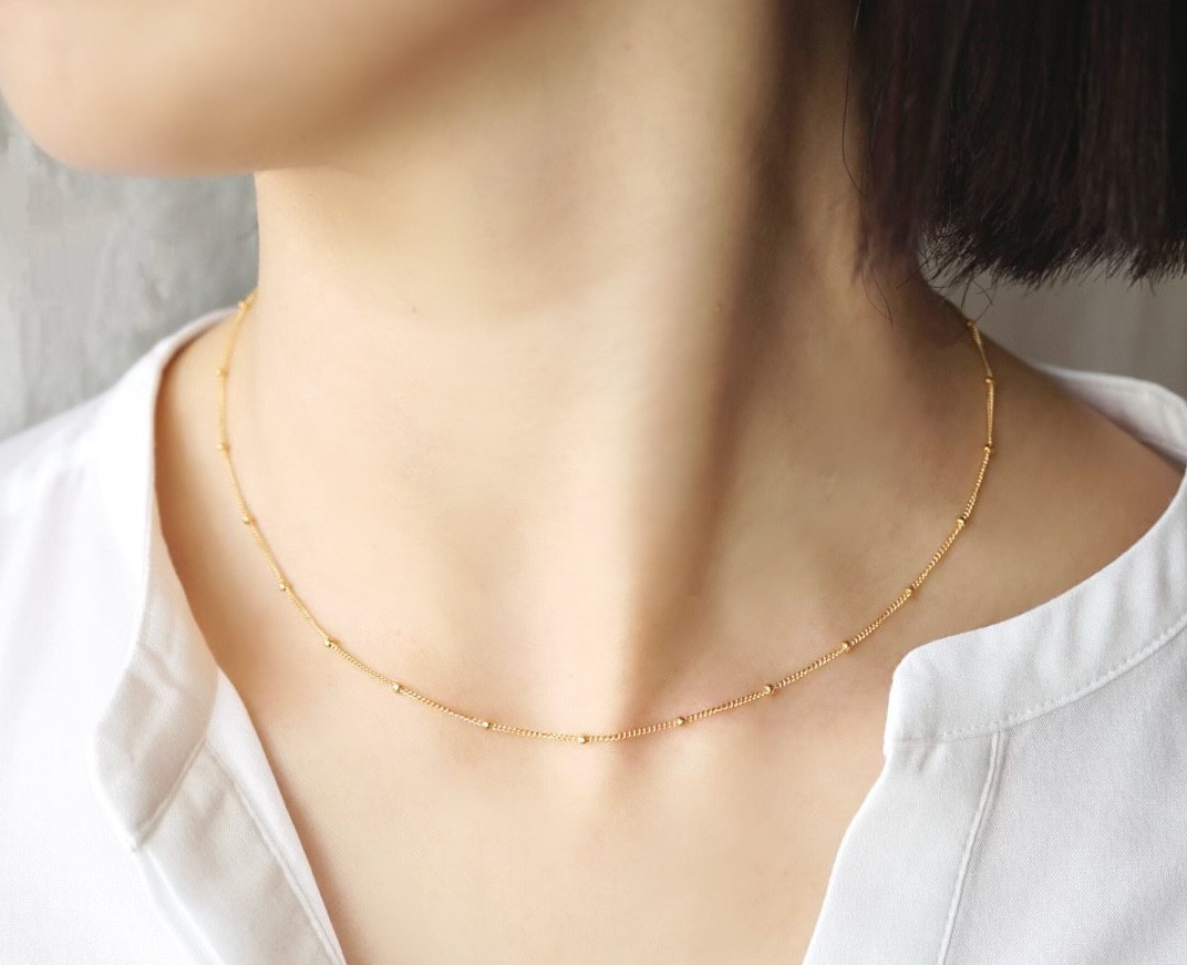 金属アレルギー対応！ビーズチェーンの14kgfネックレス　つけっぱなし　ゴールド　冬　ギフト　ご褒美　フォーマル