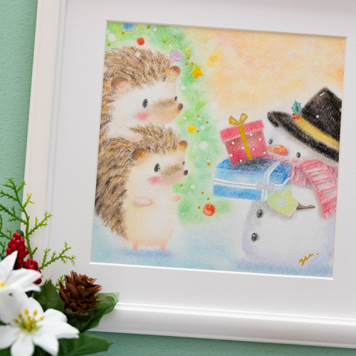 happy xmas bear  ハンドメイドパステル画　絵画アート原画 原画】「ハッピーハリークリスマス！」 パステルアート はり
