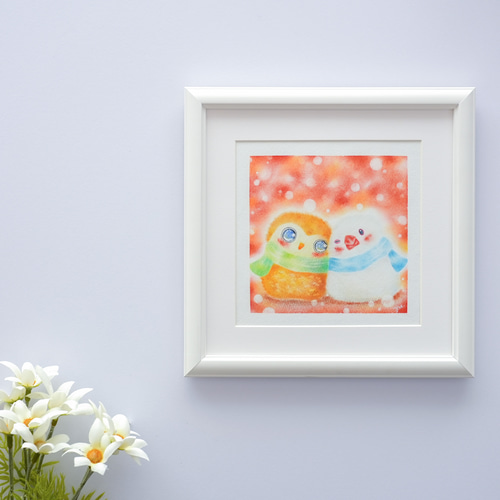 原画】「なかよしさんのフクロウと文鳥」 パステルアート かわいい動物