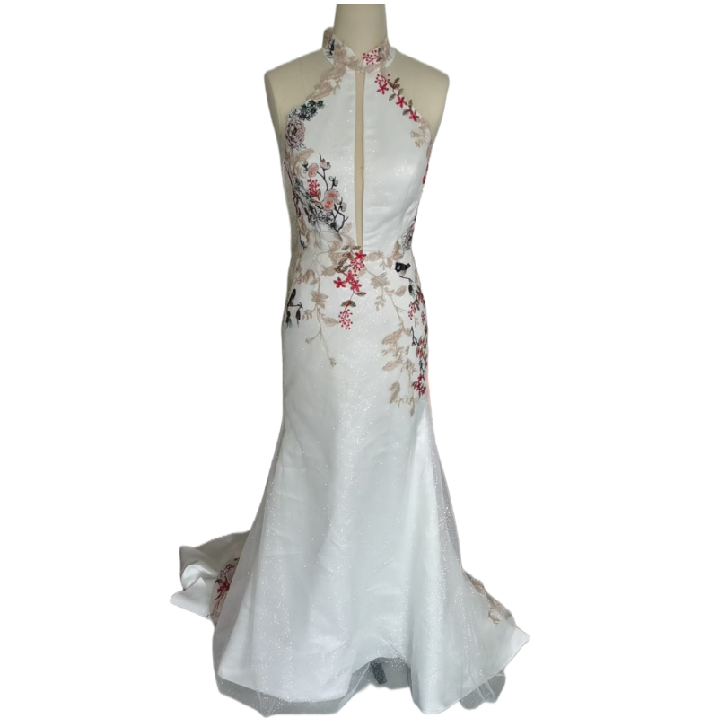 ウェディングドレス ホルターネック 上品花レース  ソフトマーメイドライン ブライダル  華やかなトレーン