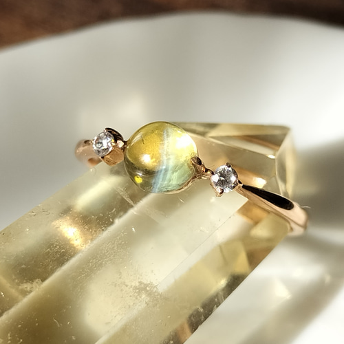 透明なクリソベリルキャッツアイのK10リング 11号 リメイク品 天然石