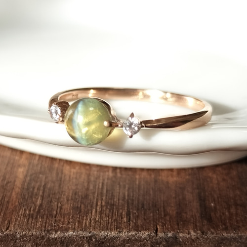 透明なクリソベリルキャッツアイのK10リング 11号 リメイク品 天然石