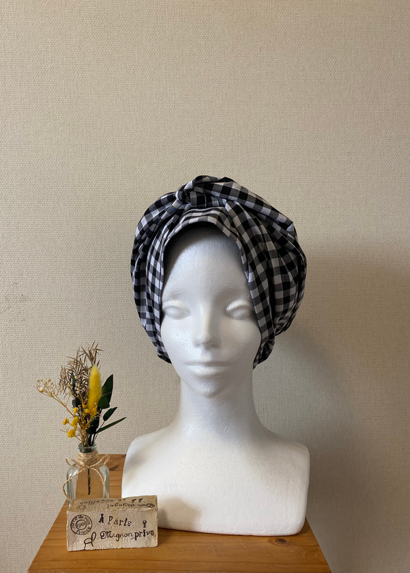 送料無料♡ギンガムチェック柄カフェ風おしゃれターバン帽子 ヘア  