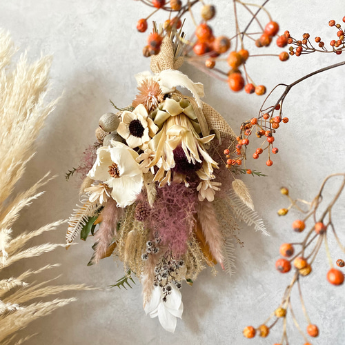 プロテアとスモークツリーのドライフラワースワッグ/ミニブーケ
