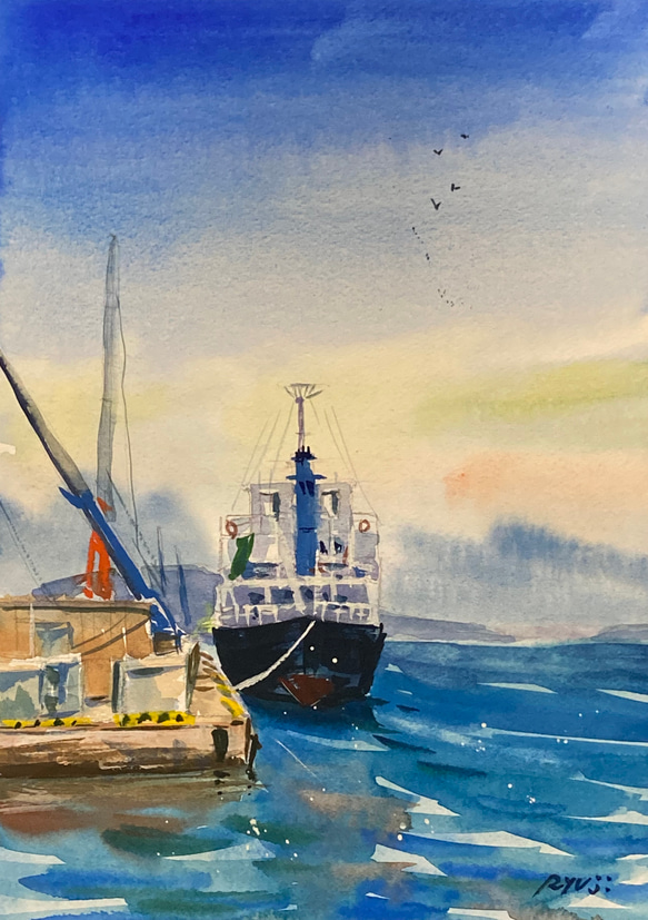 港の風景 水彩画 額装済み