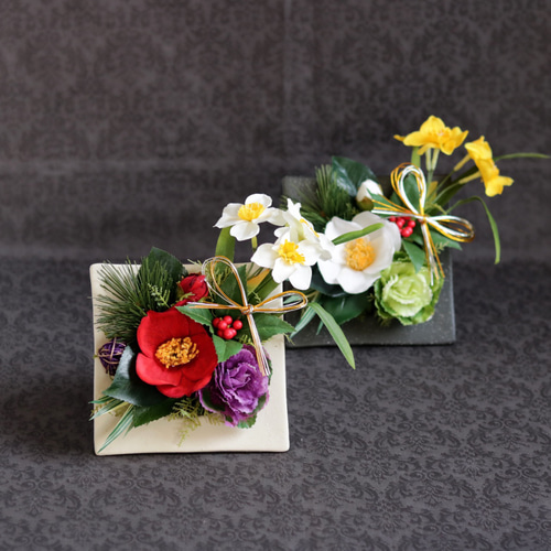 お正月☆水仙・椿・葉牡丹の迎春アレンジメント アートフラワー は