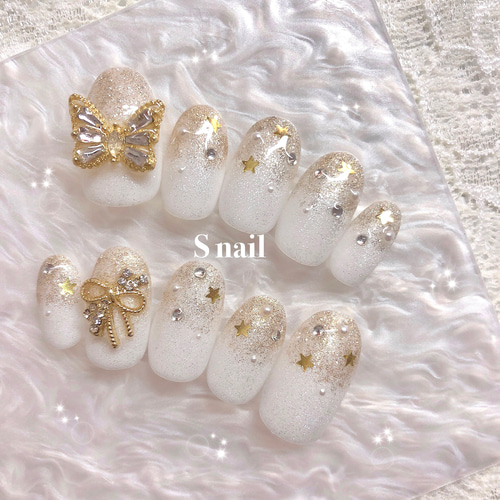 ネイルチップ オーダー キルティング マグネット 韓国 白 リボン 蝶々