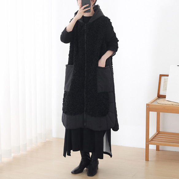 即納】異素材を組み合わせたボアロングベスト ブラック we-292bk