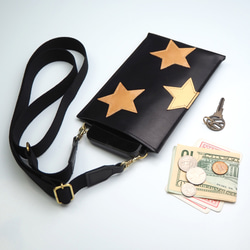 纖薄智慧型手機手拿包（星形金色/黑色）智慧型手機肩帶牛皮 第1張的照片