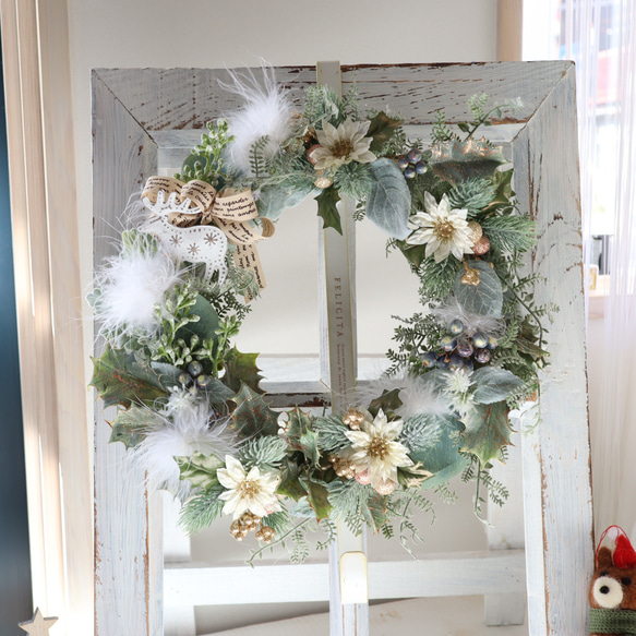 ゆうゆめ♡2点☆北欧風メルヘン＆ゴージャスクリスマスリース☆☆玄関飾り☆ ウィンターリース 大人可愛い ポインセチア 寒色 インテリア 玄関 冬