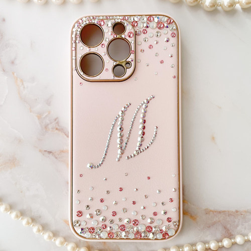 Phone 16pro,15,14他 ライトピンクイニシャル ケースオーロラmix