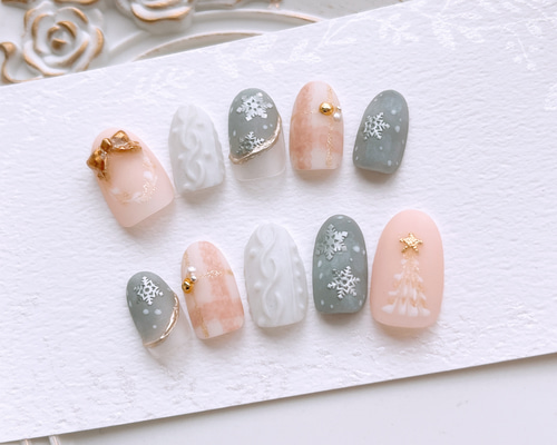 No.041】ネイルチップ♡クリスマスネイル♡スノーボール♡オフホワイト