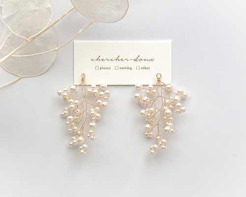 438 粒パール ゴールド 枝葉 ハンドメイド ピアス イヤリング 小ぶり 438 パール 枝葉 ゴールド 入学式 卒業式 ピアス イヤリング 大ぶり