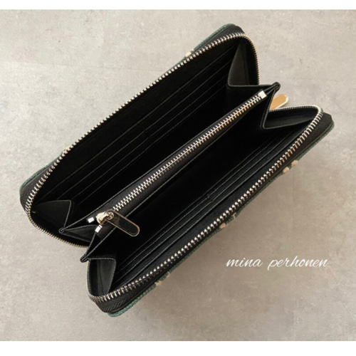 ミナペルホネン 長財布 タンバリン ハンドメイド navy + khaki 長財布