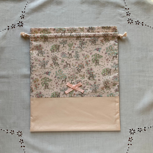 バンビ柄 リバティ＊エッタ 大きめフリル巾着 お着替え袋 体操服