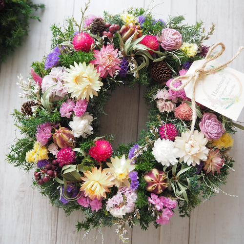 SALE！プリザとドライフラワーのカラフルリース 【ずっと飾れる  