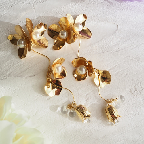 ANNAN WEDDING フラワーロングピアス ブライダルアクセサリー フラワーロングピアス curve -gold
