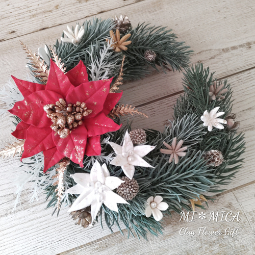 ポインセチアのナチュラルリース＊クレイフラワー＊ドライフラワー