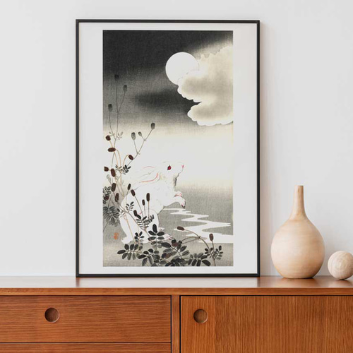 手描き絵画「月の素顔」日本画　オリジナル　原画 小原古邨、ウサギ、満月、干支、日本画、ポスター、リビングや玄関など