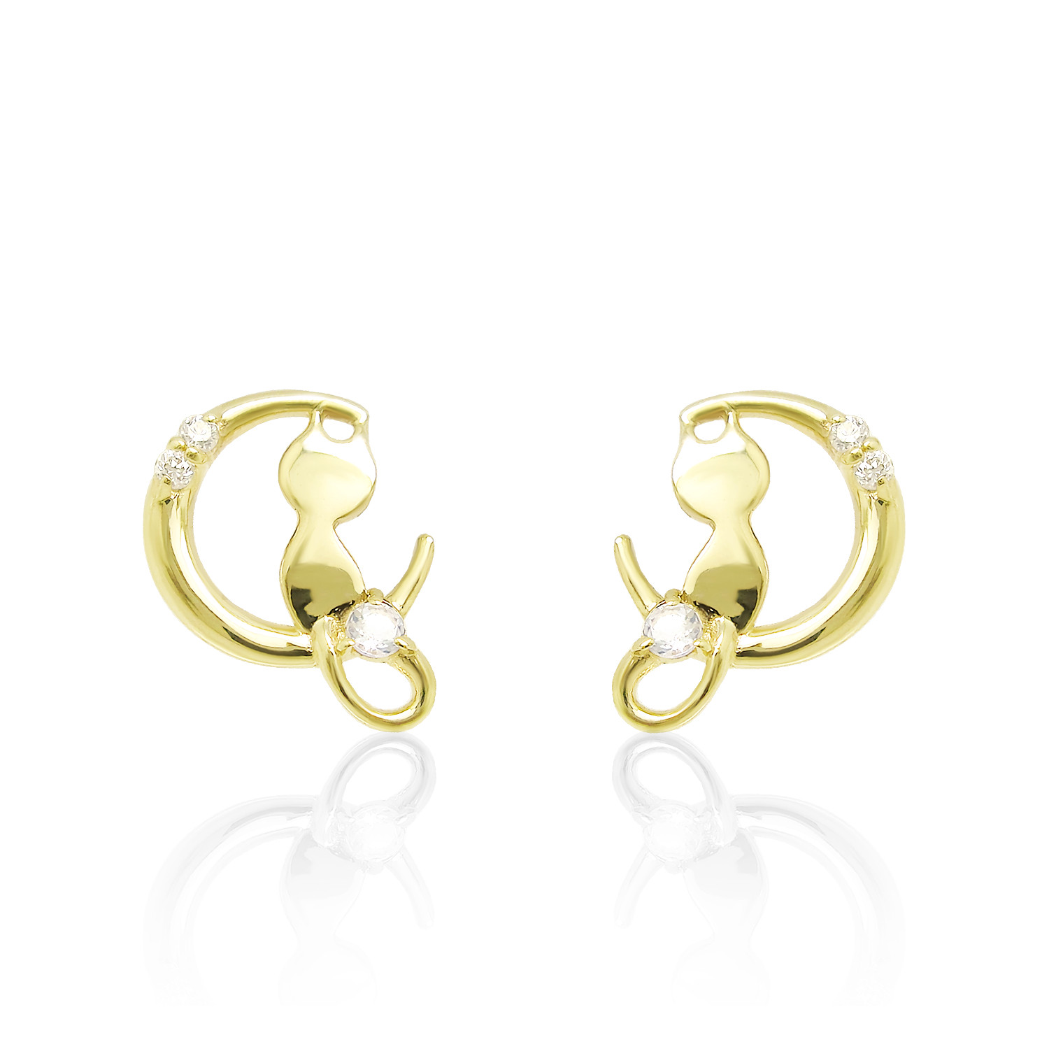 猫 & 三日月 デザイン 6月 誕生石 ムーンストーン & ダイヤモンド イエローゴールド ねこ ピアス [受注制作]