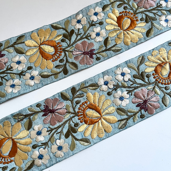 【50cm】インド刺繍リボン　ライトブルーxイエロー　シルク　FS482 2枚目の画像