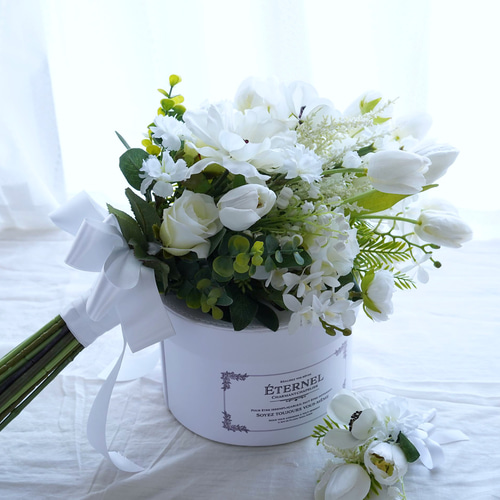 ホワイトアネモネとチューリップのパステルブーケ＆ブートニア パステル♡ブーケ&ブートニア♡ ホワイトアネモネとチューリップの