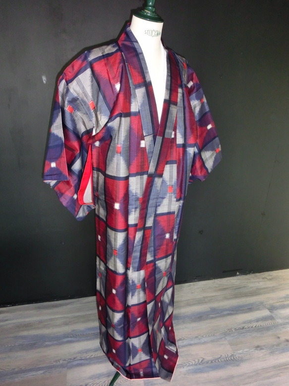 アロハシャツ　着物　リメイク　アンティーク　シルク　絹　絣 4枚目の画像