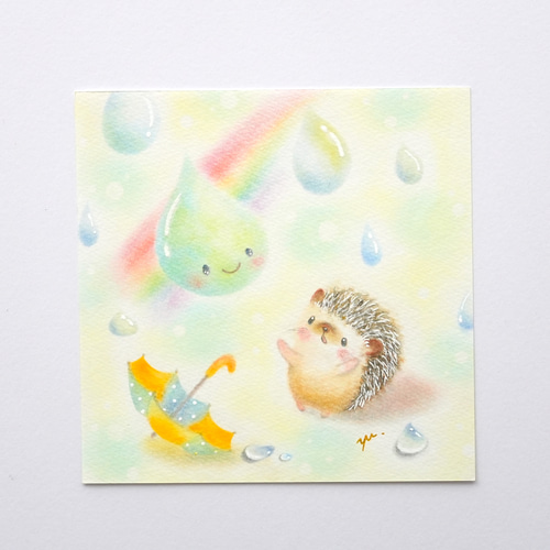 原画】「雨つぶさんとハリネズミさん」 パステルアート はりねずみ 虹