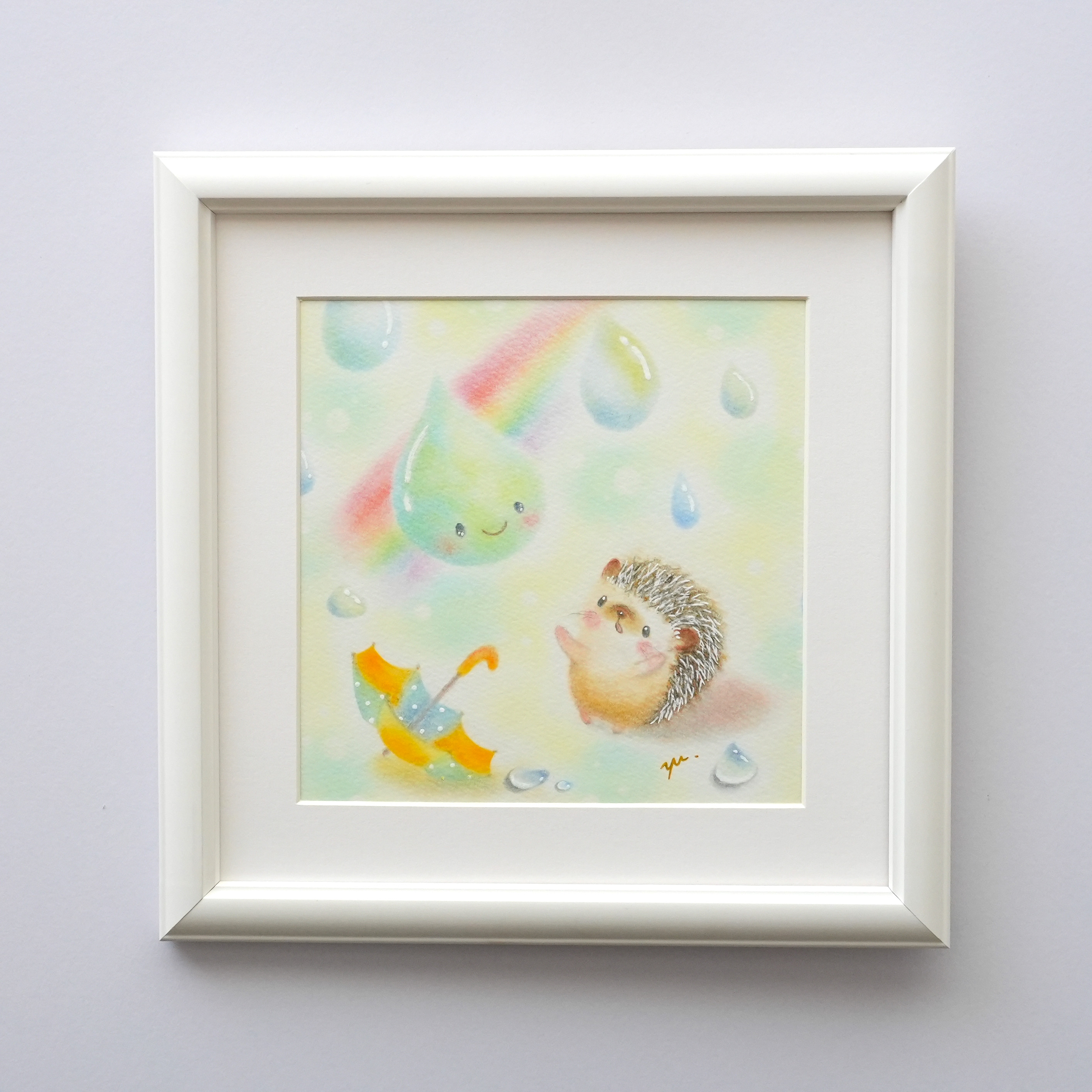 【原画】「雨つぶさんとハリネズミさん」　パステルアート　はりねずみ　虹　レインボー　傘　アンブレラ　かわいい動物イラスト