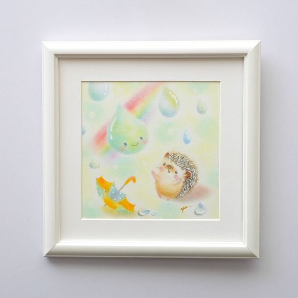 原画】「雨つぶさんとハリネズミさん」 パステルアート はりねずみ 虹