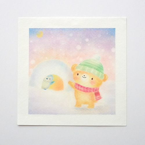 原画】「おそとであそぼ！」 クマ ペンギン ゆめかわ パステルアート