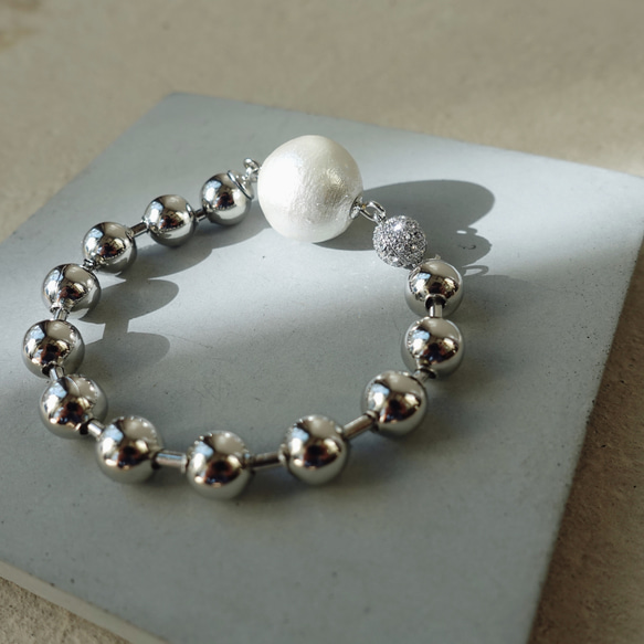 ball bracelet silver  コットンパール & ボールチェーン 5枚目の画像