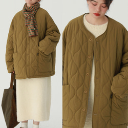 米白色 3色 復古日系菱形格絎棉落肩棉服 中性保暖寬鬆外套 M-XL 第2張的照片