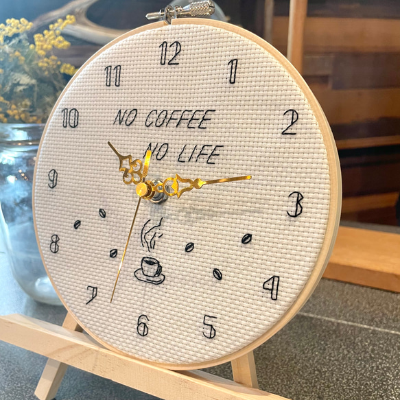 NO COFFEE NO LIFE コーヒー好きの刺繍時計 3枚目の画像