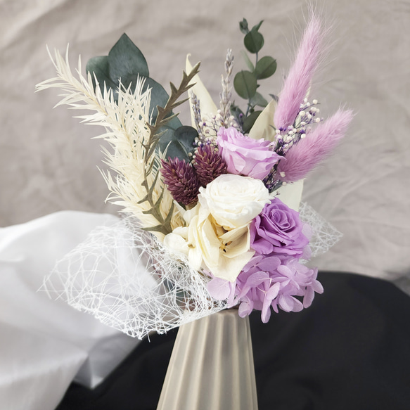 パープル系カラーのブーケ：ギフトにもおすすめ！ドライ・プリザーブドフラワーの立てたまま飾れる自立する花束 12枚目の画像