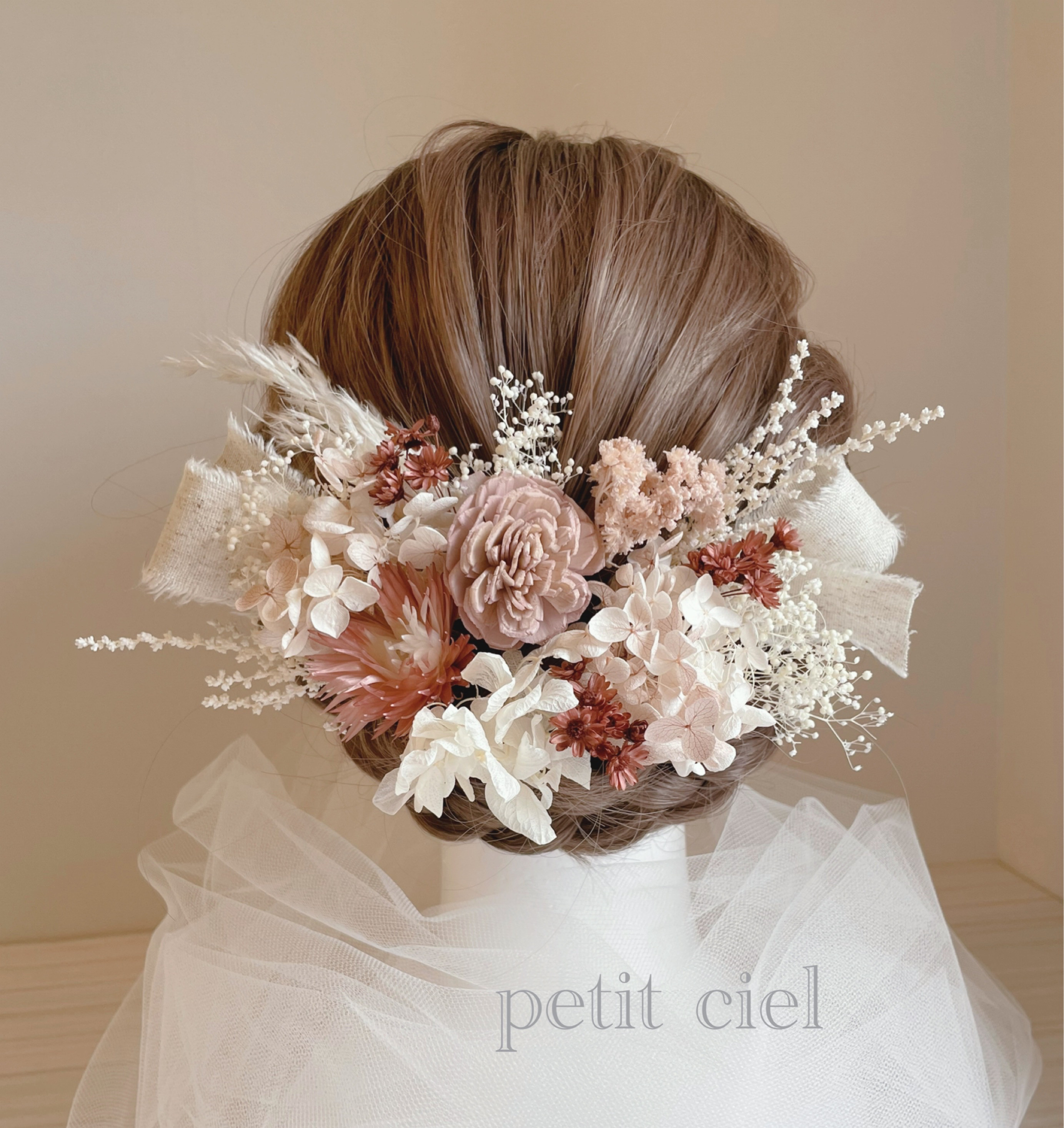 モーブピンクのドライフラワー髪飾り　リボン　和装　成人式　結婚式　袴