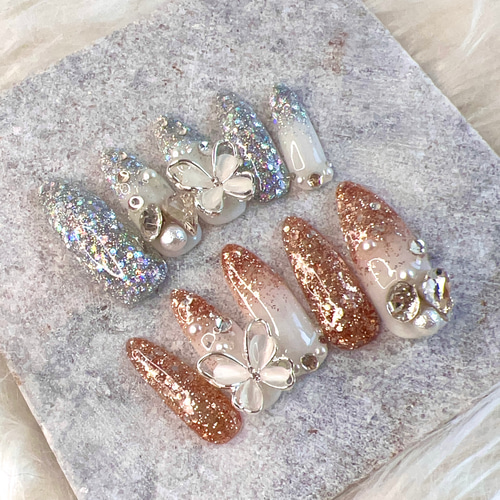 ブラウンハート×ラメ ネイルチップ ブラウン 茶色 ハート キラキラ 秋 パール マグネットネイル